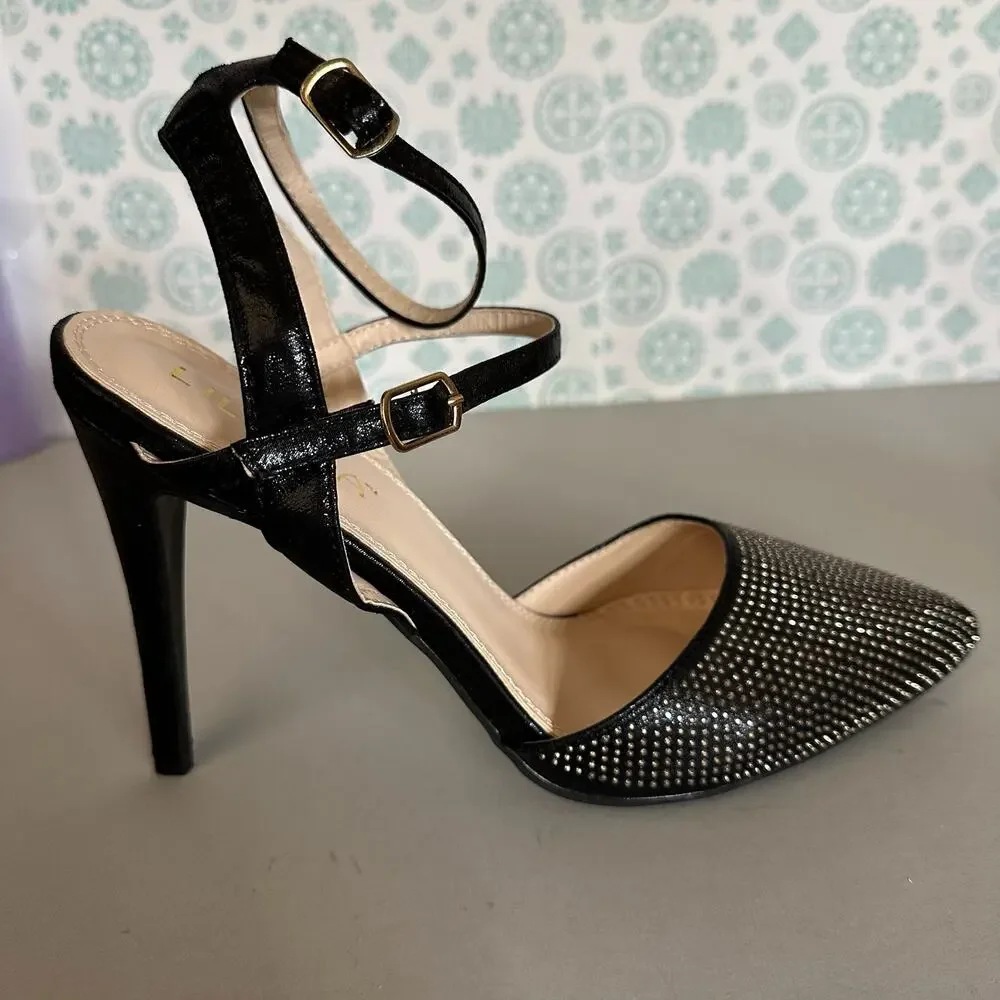 Liliana Womens Size‎ 10 Heels Pumps Stiletto Black Rhinestones Ankle Strap - Picture 6 of 13